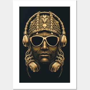 Vector Drawing - Golden Portrait of a Hip-Hop Artist in Headphones and Sunglasses. Posters and Art